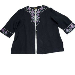 Bob Mackie Wearable Art Asian Tunic Embroidered Purple Flowers 3/4 Sleeves